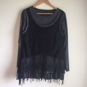 Panitti faux crochet&lace vest over gray tunic